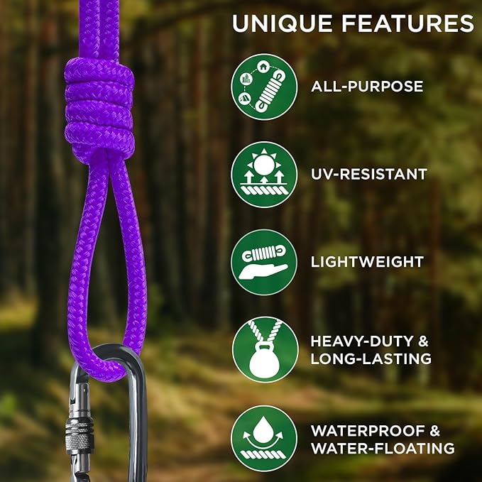 TECEUM Rope – 90 Feet x 1/4 Inch (7mm) – Purple – Strong All-Purpose Utility Rope – Camping, Crafting, Flag Pole, Indoor & Outdoor – Polypropylene Nylon Poly Lightweight Diamond Braided Cord