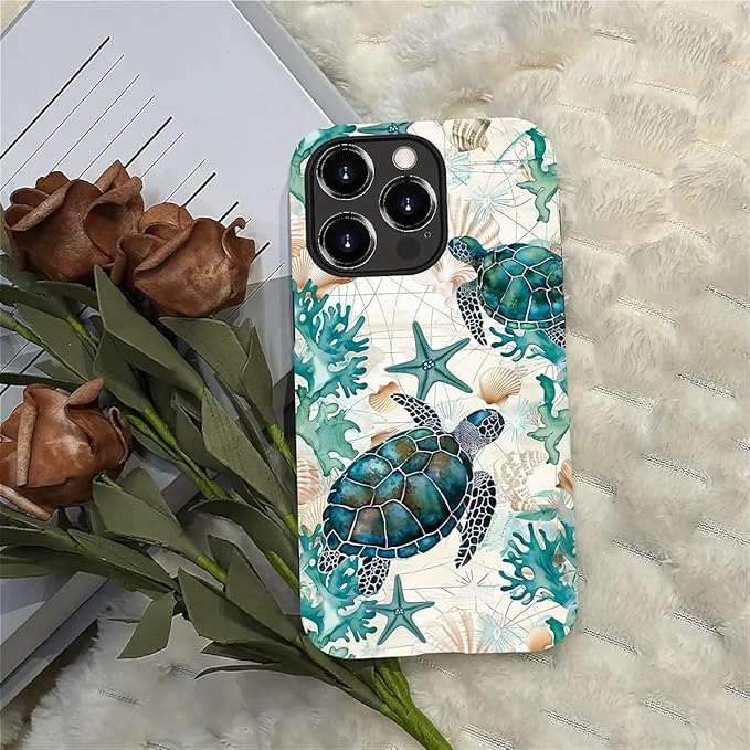 for iPhone 12 Pro Max Case,HH2 Ocean Sea Turtle Nautical Map Hybrid 2 Layer Hard Shell Silicone Protective Pattern Design Case