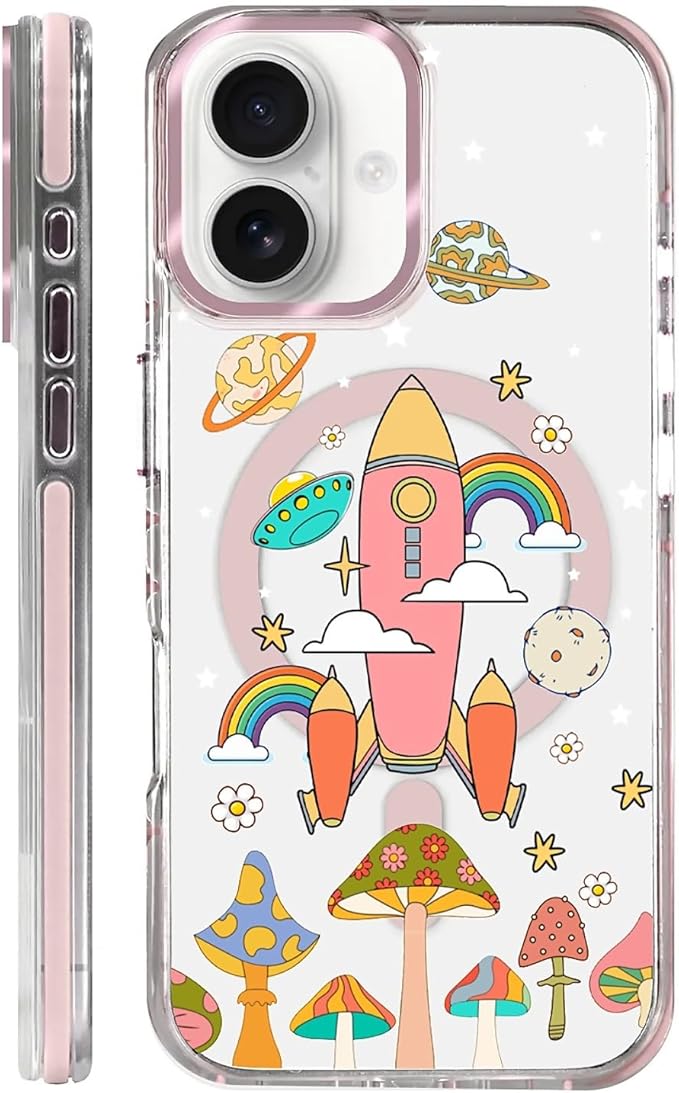 Case for iPhone 16,[Compatible with MagSafe],Spaceship Mushroom Phone Case Design，for Women Girls Magnetic Clear Cover - Slim, Sleek, & Shockproof Protection
