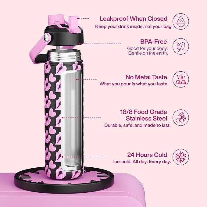 ENCOOL Valentine's Day Insulated Water Bottle with Straw Stainless Steel Water Bottle, Leak-Proof, BPA-Free, Keeps Cold for 24 Hours for Sports, Travel, School (26 oz, Kiss Love Violet x Black)