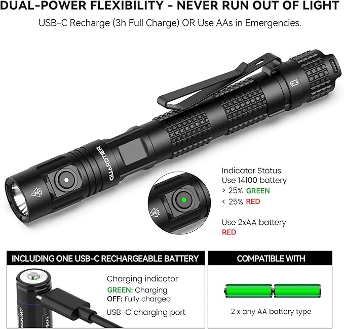 Guardtier ML70 Rechargeable Flashlight for Outdoor Working Camping/Emergencies/Outdoor Activities, Aluminum LED Tactical Penlight, USB-C/2AA, Tail Switch, 1500 Lumens, 5 Modes - Black, 6.1 in
