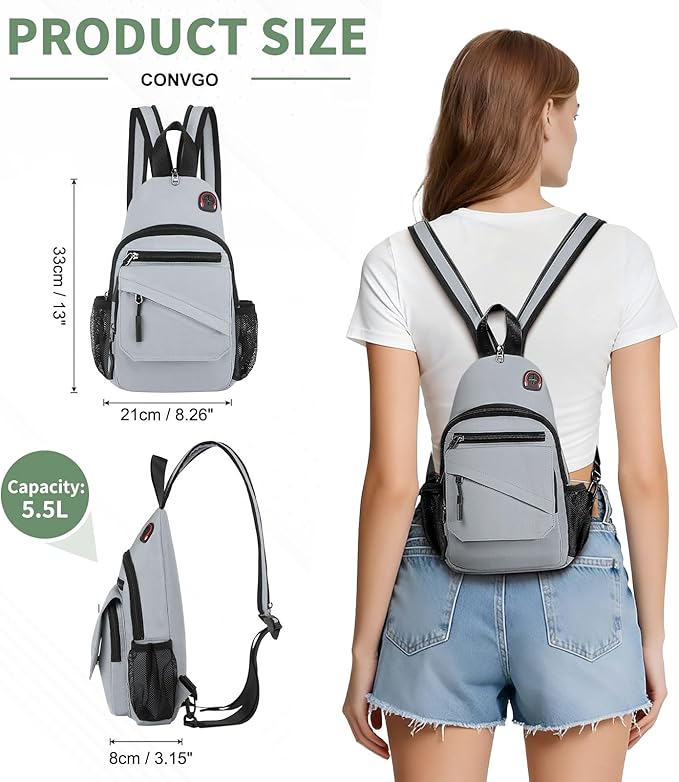 Small Crossbody Bag Casual Sling Bag for Men, Convertible Backpack, 3-in-1 Anti-Theft Shoulder Bag Trendy Daypack for Travel, Light Grey