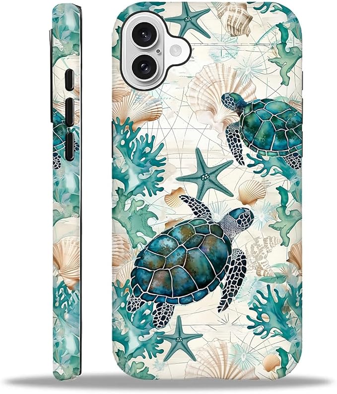 for iPhone 16 Case,HH2 Ocean Sea Turtle Nautical Map Hybrid 2 Layer Hard Shell Silicone Protective Pattern Design Case