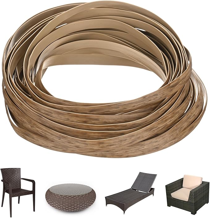 M METERXITY 1-Pack Wicker Repair Kit, 8mm x 33ft/10m Plastic Flat Rattan Replacement Supplies for Patio Furniture Repair/Basket Making/Chair Weaving, Synthetic Woven Rattan [Khaki]
