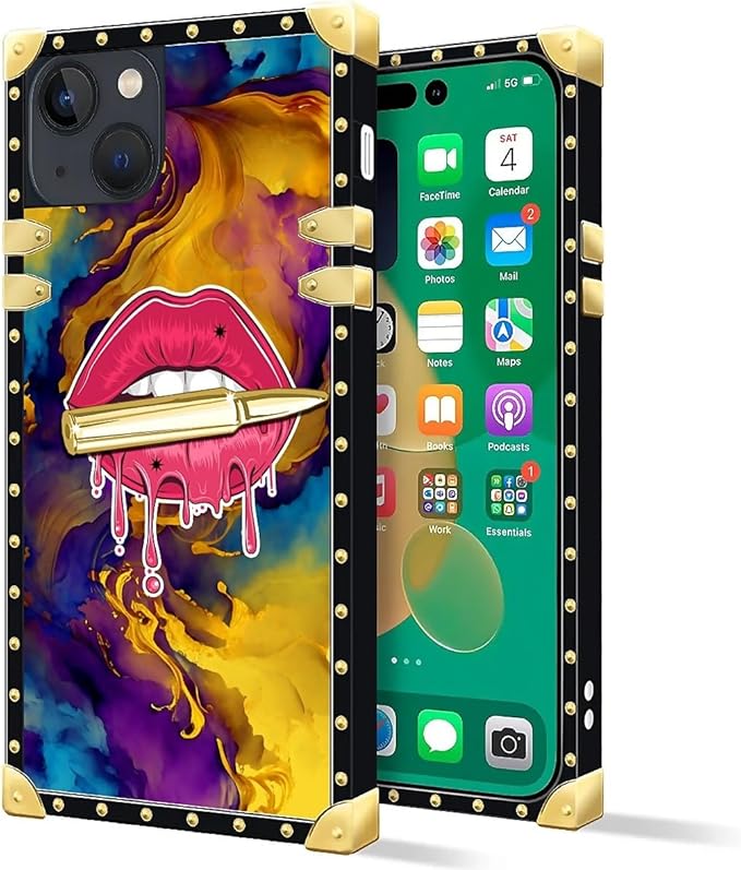Compatible with iPhone 14 Case, Cool Corlorful Lip Marble Luxury Golden Decoration for Girl Women Soft TPU Shockproof Protective Hard PC Back for iPhone 14