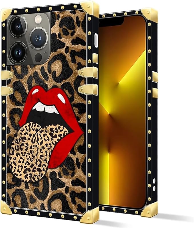 Compatible with iPhone 13 Pro Case, Brown Leopard Print Mouth Luxury Golden Decoration for Girl Women Soft TPU Shockproof Protective Hard PC Back for iPhone 13 Pro