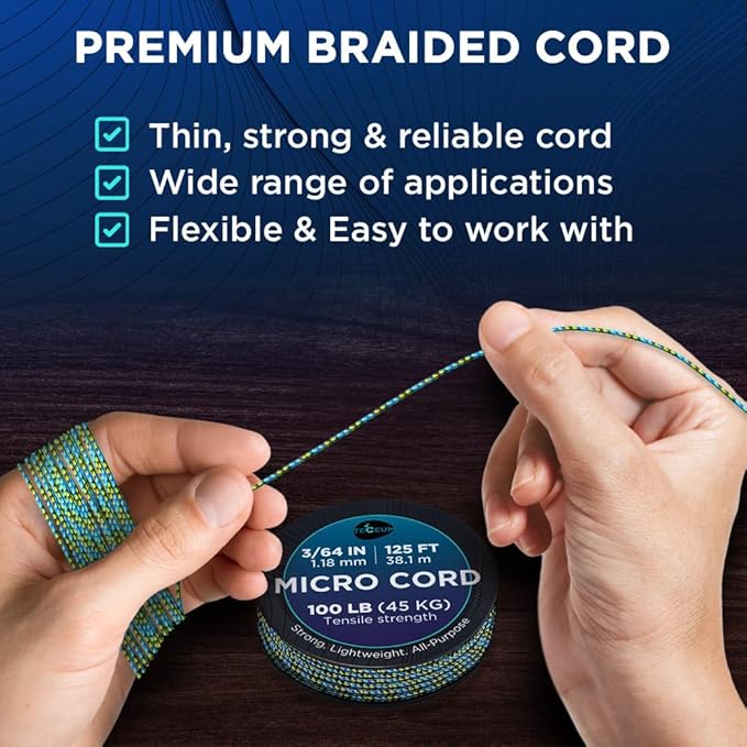 TECEUM Micro Paracord – 1.18 mm X 125 ft – Micro Utility Cord – Thin Braided Paracord Rope – Best for Crafting, DIY Projects, Fishing, Camping – Wind Chime Replacement – Survival Strong String