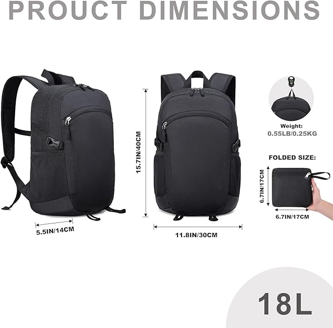 Lightweight Hiking Backpack 18L Packable Foldable Small Daypack Collapsible Travel Bag Water-Resistant for Women Men (Black)