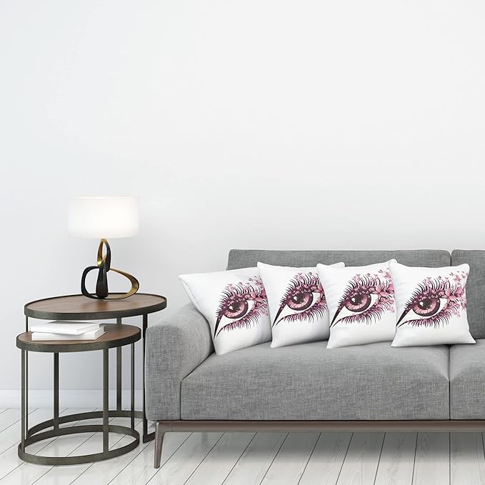 Ambesonne Butterflies Throw Pillow Cushion Case Pack of 4, Female Eye Eyelashes Mascara Stare Party Makeup Animal Print, Modern Accent Double-Sided Digital Printing, 20", Pink White