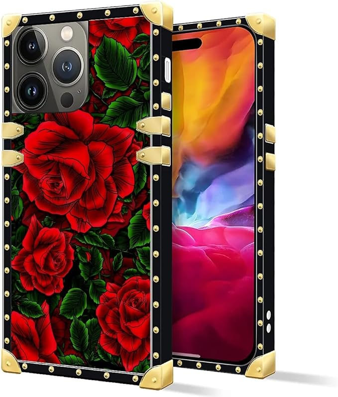 Compatible with iPhone 15 Pro Max Case, Vector Red Rose Green Leaf Luxury Golden Decoration for Girl Women Soft TPU Shockproof Protective Hard PC Back for iPhone 15 Pro Max