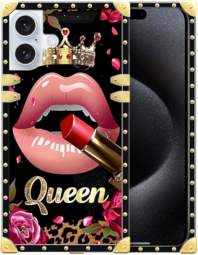 Compatible with iPhone 16 Case, Glitter Red Rose Queen Leopard Lipstick Luxury Golden Decoration for Girl Women Soft TPU Shockproof Protective Hard PC Back
