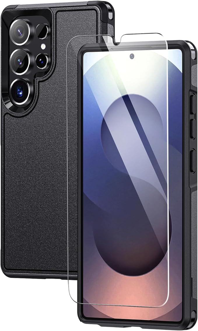 Lanhiem for Samsung Galaxy S25 Ultra Phone Case with Tempered Glass Screen Protector, Shock Absorption, Anti-Scratch Shockproof Case Cover for Samsung S25 Ultra, Black