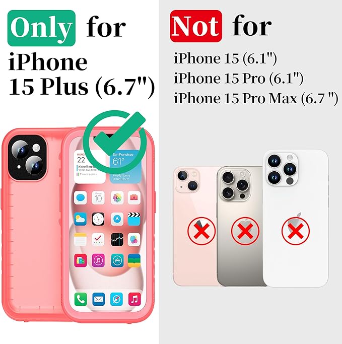 Cozycase for iPhone 15 Plus Waterproof Shockproof Dustproof Case - Heavy Duty/360 Full Body/Military Grade/Protective/Rugged 【8FT Drop Proof】 Built in Screen/Camera Protector with Lanyard Pink