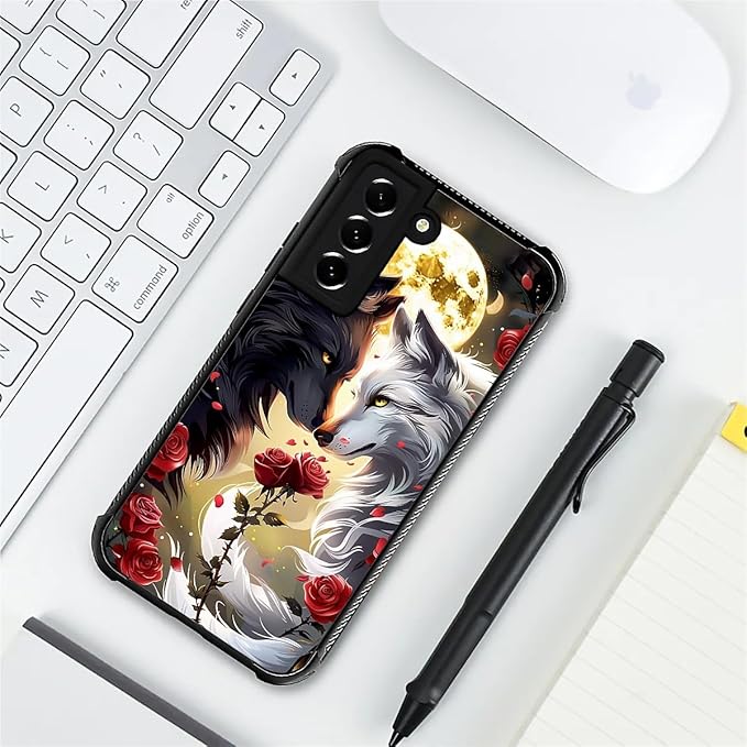 for Samsung Galaxy S21 Plus Case, Black White Wolf Moon Flower Rose Pattern Graphic Design Girl Boy Soft Silicone Hard Acrylic Shock Protection for Samsung Galaxy S21 Plus