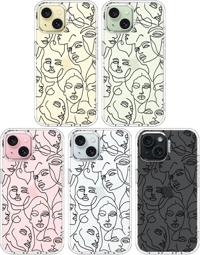 MOSNOVO Case for iPhone 15, [Buffertech 6.6ft Military-Grade Drop Protection] [Anti Peel Off Tech] Clear TPU Bumper Phone Case Cover Design - Abstract Face Line Art