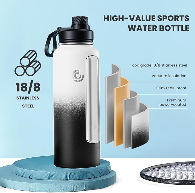 Sports Water Bottle 40oz, Insulated Water Bottle with Handle,Stainless Steel,Simple Modern,Suitable for Travel, School, Boy, Girl(Day & Night)