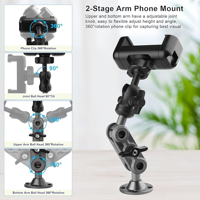 Wall Mount Phone Holder Drilling Base Heavy Duty iPhone Stand,360° Adjustable 2-Stage Arms Mount for Wall/Desk/Car/Truck/Van Dashboard,Compatible with 3.5~7.5" iPhone/HTC/LG/Nexus/Huawei Smartphone