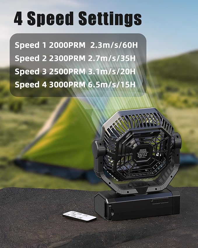 Portable Rechargeable Fan - 9-Inch Camping Fan for Tent, 24000mAh(60Hrs) Battery Operated Fan for Camping, Auto Oscillation Cordless Fans, Tent Fans with Remote/Light, 4 Speeds, 4 Timing, Outdoor