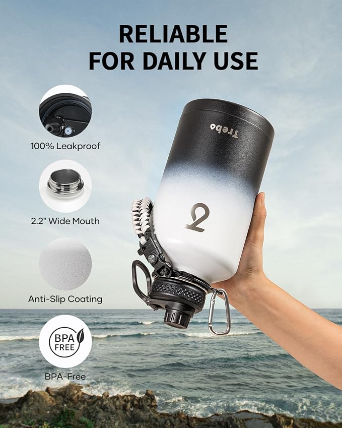 Trebo Water Bottle 64oz with Paracord Handle, Half Gallon Large Vacuum Triple Wall Stainless Steel Insulated Water Jug with Holder Strap Straw Spout Lids, Leakproof Keep Cold & Hot,Black and white