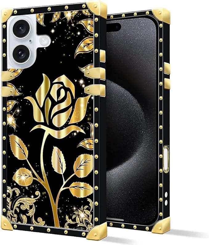 Compatible with iPhone 16 Case, Shine Gold Rose Luxury Golden Decoration for Girl Women Soft TPU Shockproof Protective Hard PC Back for iPhone 16