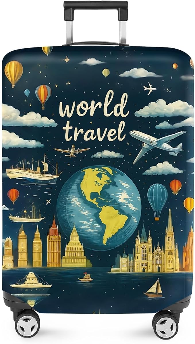 ANNA QUEEN World Travel Luggage Cover, Adventure Theme Suitcase Protector, Stretchable Washable Cover for 28-30 Inch Luggage