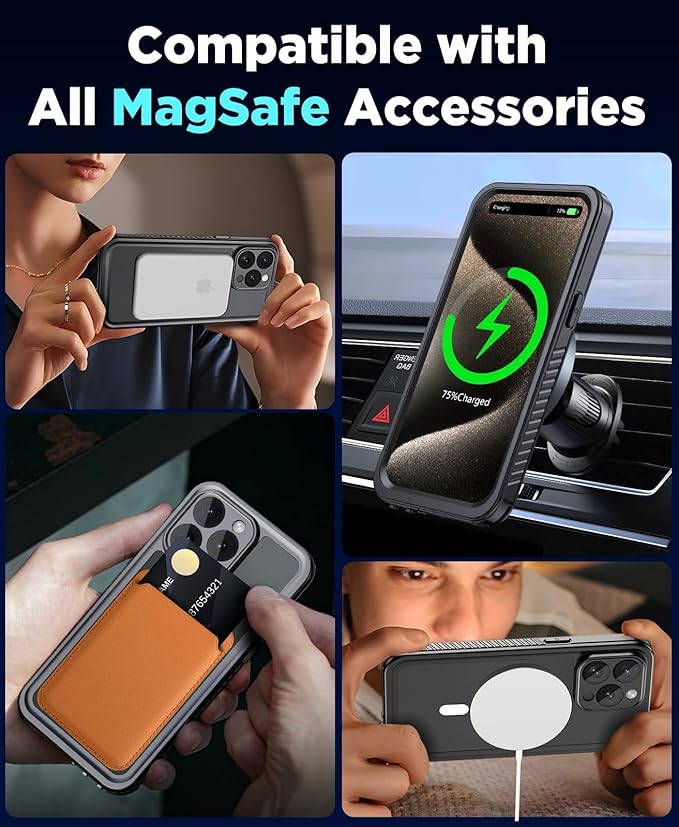 Beeasy for iPhone 15 Pro Waterproof Case with Magsafe, IP68 Underwater Military Grade, Phone Case with Shockproof, Dustproof, Rugged 360 Full Body Protection Cover with Built-in Screen Protector