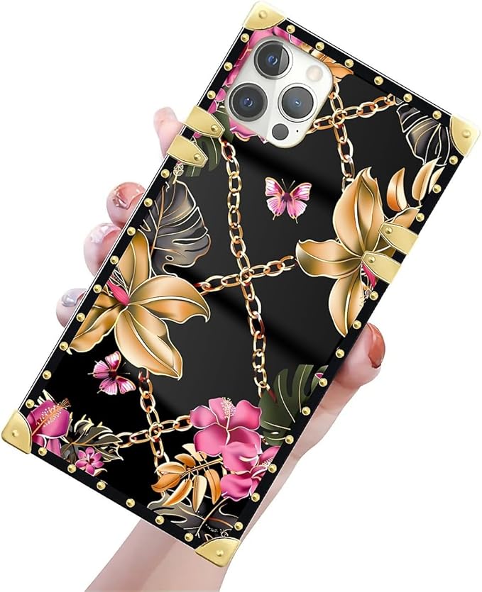 Compatible with iPhone 12 Pro Max Case, Pink Golden Chain Tropical Flower Luxury Golden Decoration for Girl Women Soft TPU Shockproof Protective Hard PC Back for iPhone 12 Pro Max