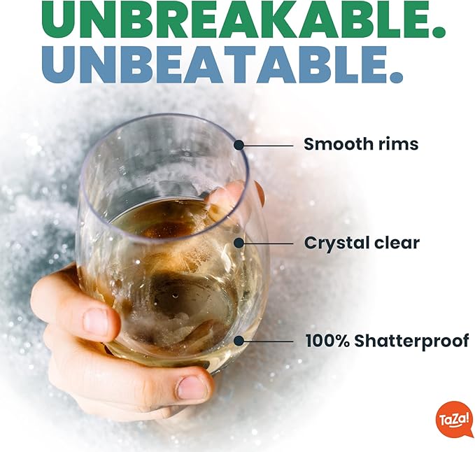 TaZa Outdoor Wine Glasses Stemless, 16oz Set of 4, Unbreakable Tritan Plastic Drinkware, Dishwasher Safe Reusable Glasses, Clear Shatterproof Glassware