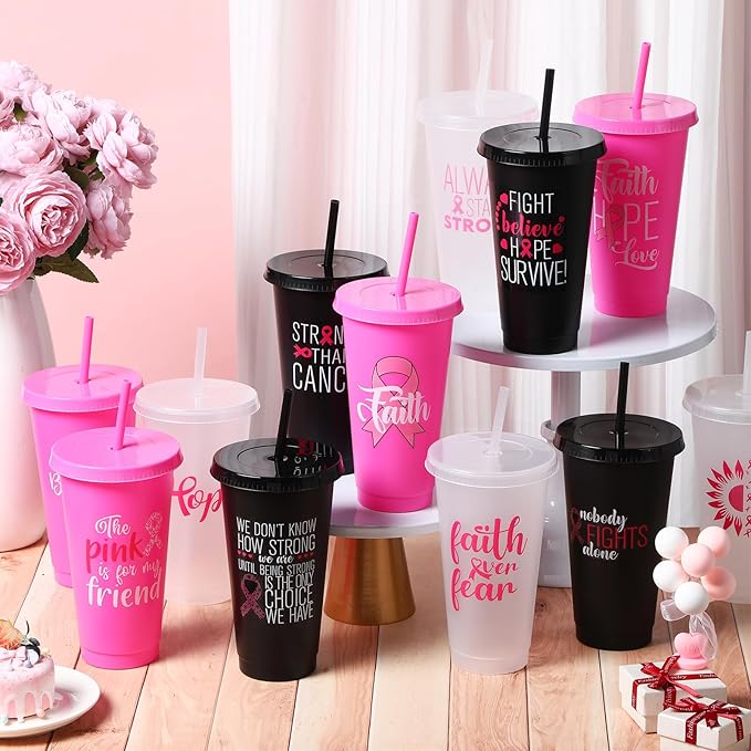 Willinglong 60 Pack Breast Cancer Awareness Gifts Plastic Cups with Lids and Straws 24oz October Pink Ribbon Tumblers in 12 Designs Party Favor Supplies for Women Events Fundraisers Office