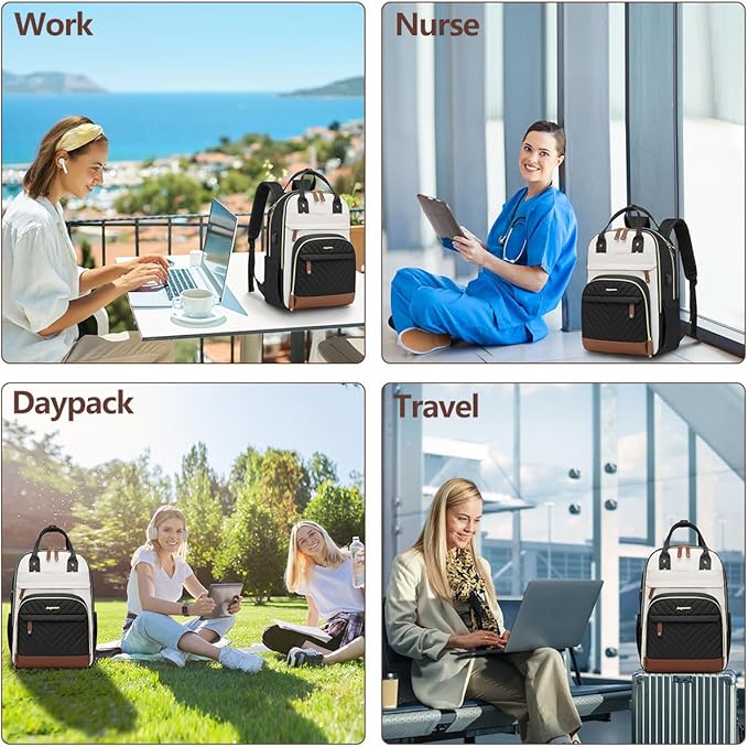 Laptop Backpack for Women Work Bookbag: 18 Inch College Backpacks with USB Charger School Book Bag Waterproof Travel Back Pack Anti-Theft Casual Bookbags for Girls Teacher Nurse Beige Black Brown