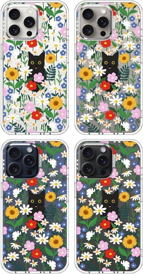 MOSNOVO Case for iPhone 15 Pro Max, [Buffertech 6.6ft Military-Grade Drop Protection] [Anti Peel Off Tech] Clear TPU Bumper Phone Case Cover Design - Black Cat in Garden