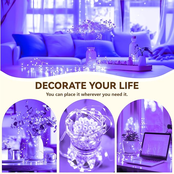 HXWEIYE Rechargeable Fairy Lights Battery Operated, DIY Timer & 8 Modes, 2 Pack 16FT 50LED Twinkle String Lights Indoor, Led mini Lights for Bedroom Wedding Dorm Christmas Tree Decor (Purple)