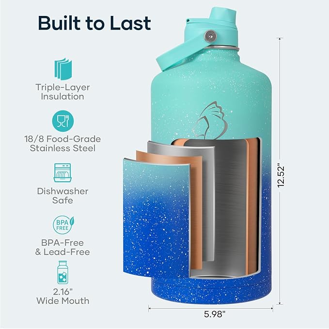 BUZIO 1 Gallon Water Jug with Straw Lid, 128oz Water Bottle Stainless Steel Triple Wall Hydro Jug 18/8 Food Grade Thermo Mug Keep Cold 48H & Hot 24H, Starry Gradient Blue