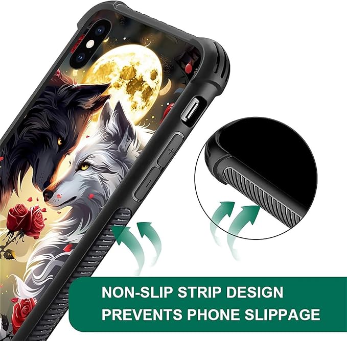 for iPhone Xs Max Case, Black White Wolf Moon Flower Rose Pattern Graphic Design Girl Boy Soft Silicone Hard Acrylic Shock Protection for iPhone Xs Max
