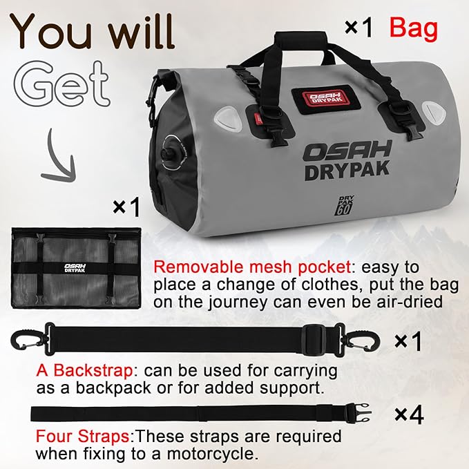 OSAH DRYPAK Waterproof Duffel Bag - Motorcycle Dry Bag Tail Bag with Large Storage Space, Waterproof Luggage Duffle Bags with Outer Mesh Zipper Pocket for Camping, Kayaking, Fishing & Traveling