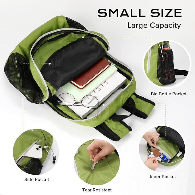 VPBAGE 15L Water-resistant Hiking Daypack, Small Backpack Travel Outdoor, Lightweight Day Pack with Tool Loops
