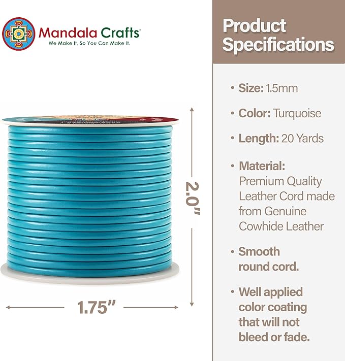 Mandala Crafts Round Genuine Turquoise Leather Cord for Jewelry Making – 1.5mm Cowhide Leather Rope String Lace for Kumihimo – 20 Yards Cowhide Craft Cording Spool