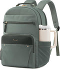 LOVEVOOK Laptop Backpack for Women with Leather Trim & Tumbler Pockets, 15.6" Work Backpack Purse, Travel Personal Item Bag, Carry On Business Computer Bag for Office, School, or Gift, Sage Green