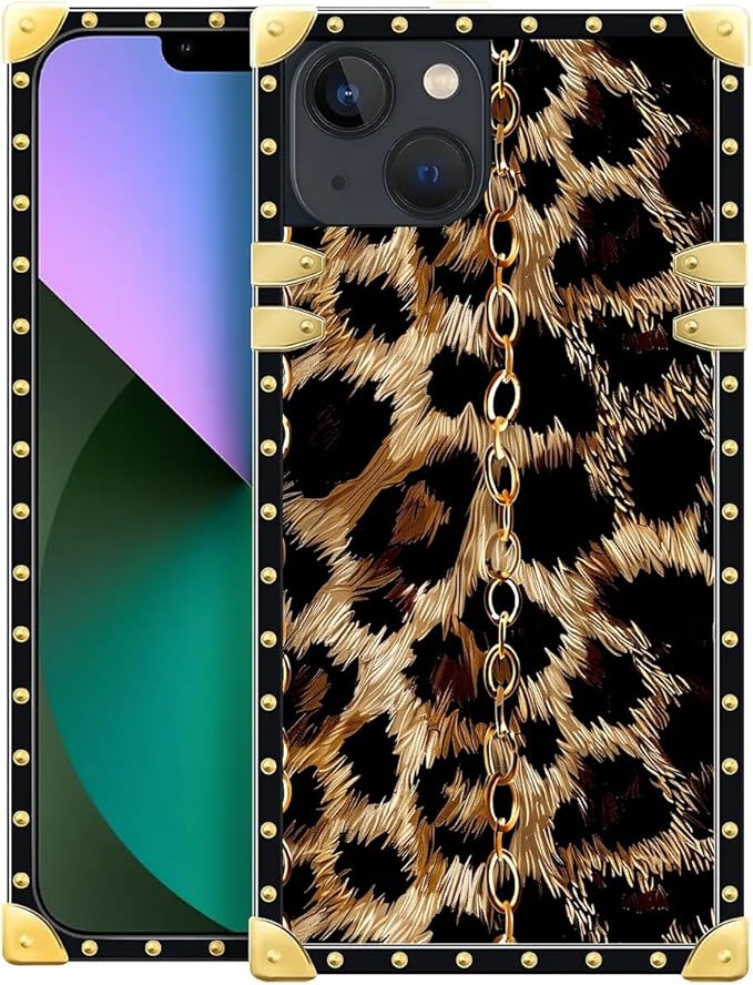 Compatible with iPhone 13 Case, Seamless Gold Chain Leopard Luxury Golden Decoration for Girl Women Soft TPU Shockproof Protective Hard PC Back for iPhone 13