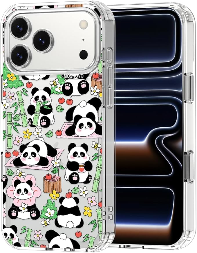 MOSNOVO for iPhone 17 Pro Max Case, Shockproof Military-Grade Protection 6.6ft Drop Tested, Camera Control, Clear Phone Case for iPhone 17 Pro Max, Kawaii Panda Garden Design