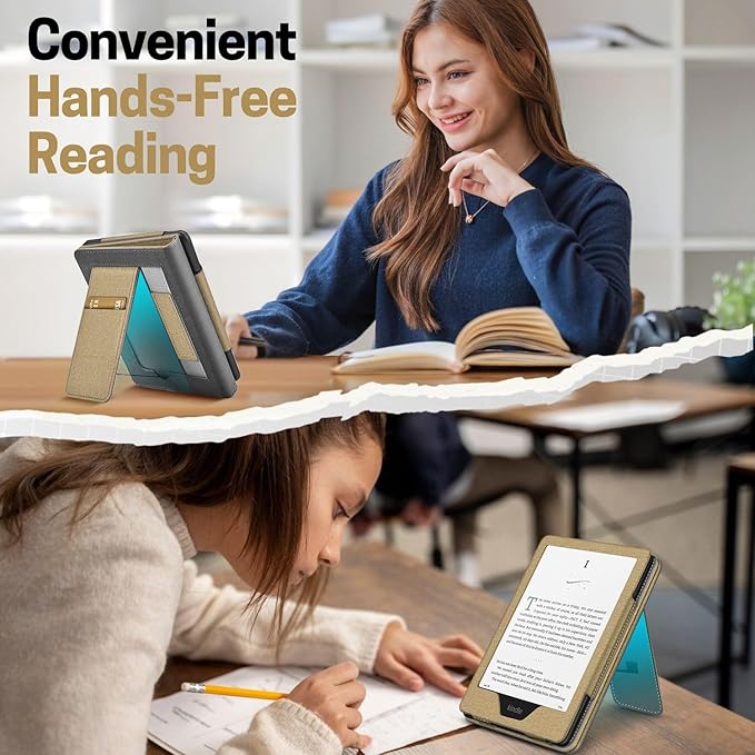 TNP Stand Case with Strap for Kindle Paperwhite 12th Gen 2024 / Kindle Colorsoft Signature Edition - 7" PU Leather Protective Folio Cover with Auto Wake/Sleep & Card Slot, Gold