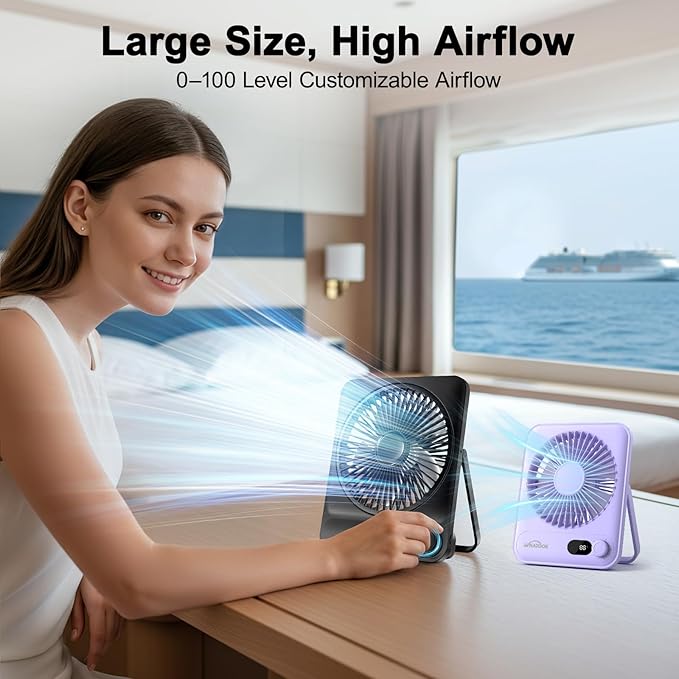 WHATOOK Large Travel Desk Fan: 10000mAh Battery 40 Hours Runtime Silent Rechargeable Fans, Quite Personal Portable Fan for Camping Bedroom Office Small Desktop fan (8.3 * 7.1inch Black)