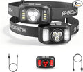 Upgraded Headlamp Rechargeable, Ultra Bright Headlight Flashlight with White Red Light, Motion Sensor Head Lights for Forehead, 6 Modes Head Lamp for Outdoor Camping Running Waterproof (2, Black)