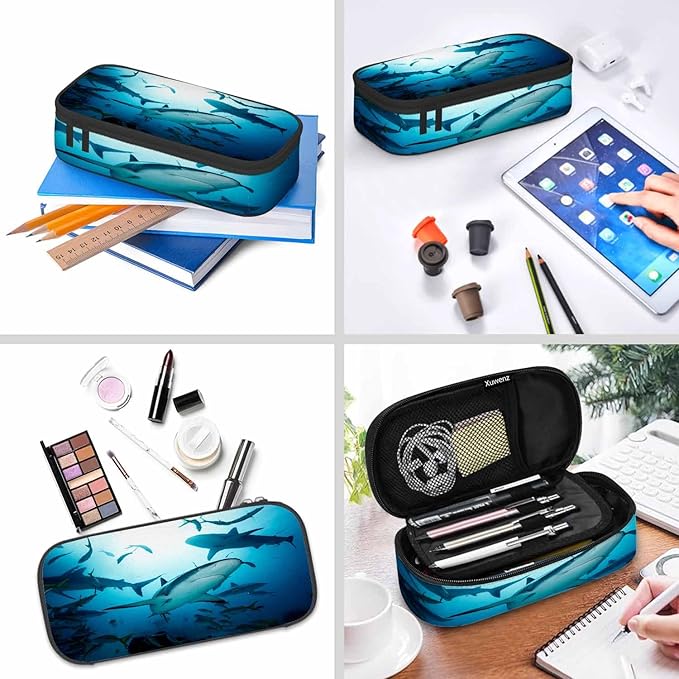 Sharks Pencil Case Organizer Ocean Sea Fish Light Blue Stationery Box Makeup Box School Supply for Boy Girl Men Women