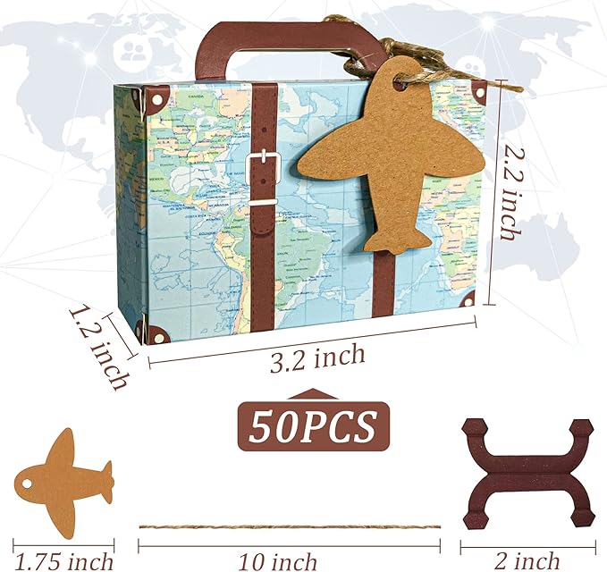 50Pcs Party Favor Candy Box, World Map Mini Suitcase Favor Box, Vintage Kraft Paper with Tags and Burlap Twine for Travel Themed Party, Bridal Shower, Wedding Decorations