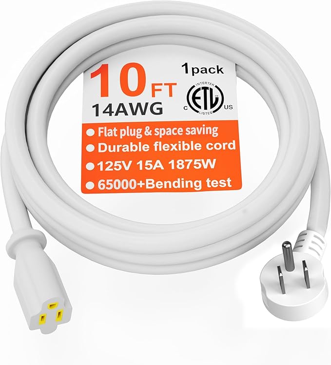 HUANCHAIN 14 Gauge 10 FT Flat Plug Extension Cord White Indoor Outdoor, Heavy Duty 3 Prong Grounded Low Profile Extension Wire Flexible, 15A 1875W 125V 14AWG SJTW, ETL Listed