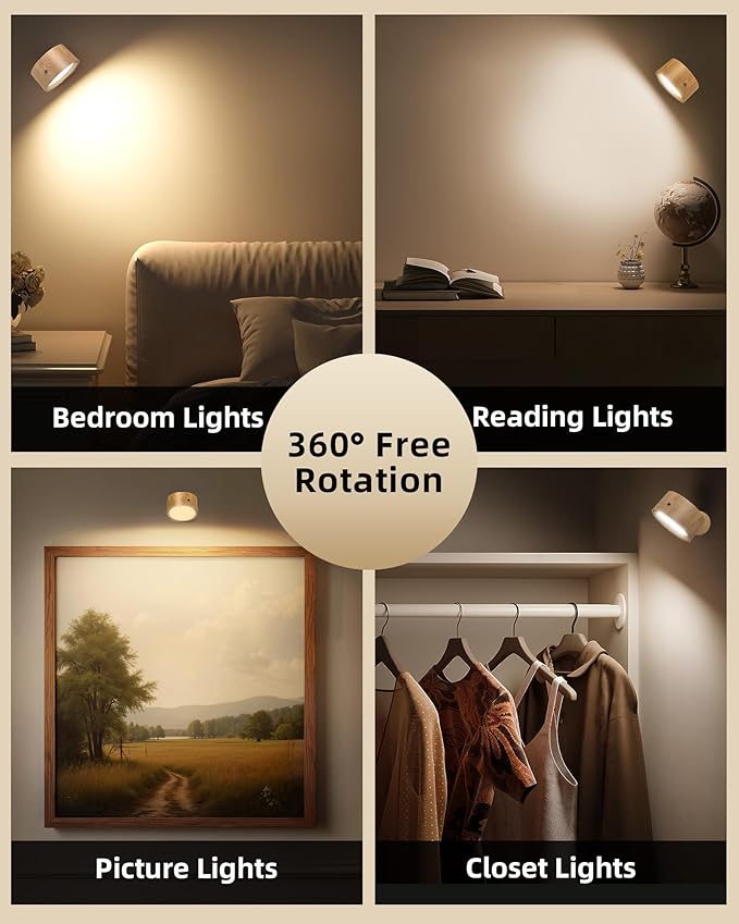 LED Wall Mounted Lights, 2 Pack Rechargeable Wall Sconce Lamps, 3 Color Temps & Remote and Touch, 360° Rotation Dimmable Cordless Wall Light for Study Bedroom Reading Bedside (Wood)