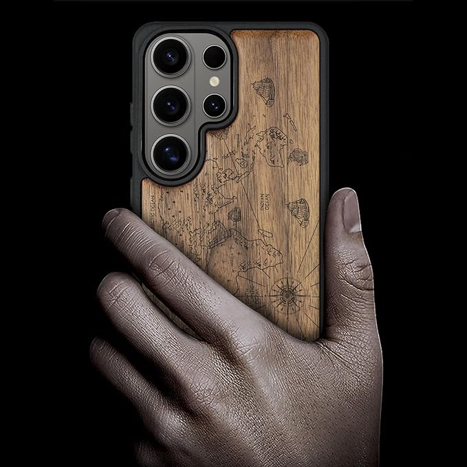Carveit Magnetic Wooden Case for Samsung Galaxy S26 Ultra Case 2026, TPU Shockproof Cover & Wood Artisan Engraved, Compatible with MagSafe Wireless Chargers (World Map) Walnut