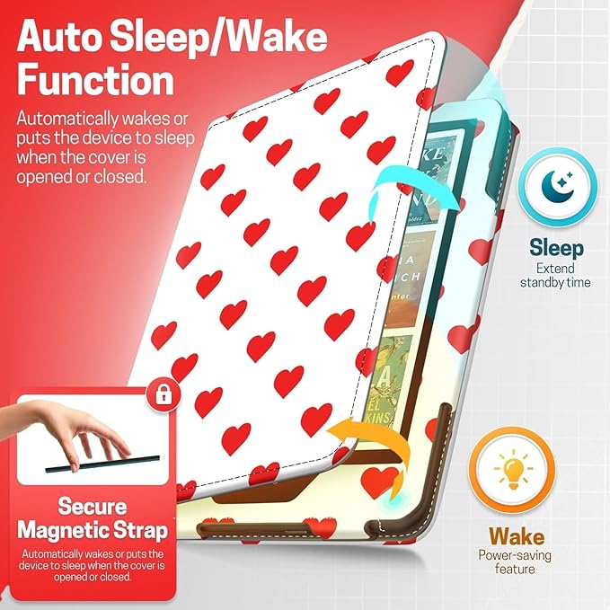 TNP Stand Case for Kindle Paperwhite 12th Generation 2024 / Kindle Colorsoft Signature Edition with Hand Strap & Card Slot - 7" PU Leather Protective Folio Cover with Auto Wake/Sleep, Red Love Heart