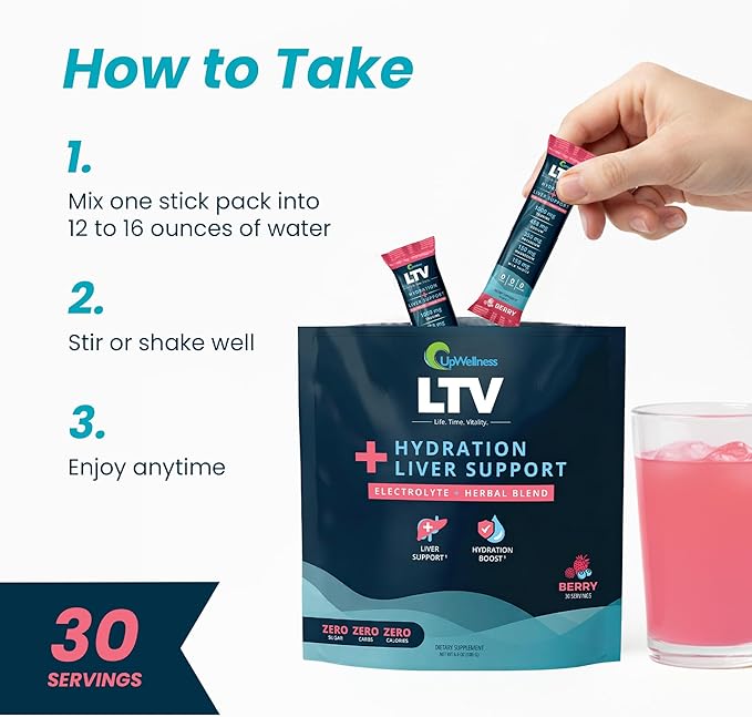 UpWellness LTV Liver Hydration Packets - Electrolytes Powder Packets for Instant Hydration and Liver Support - Physician-Formulated - Zero Added Sugar - 30 Packets - Delicious Berry Flavor